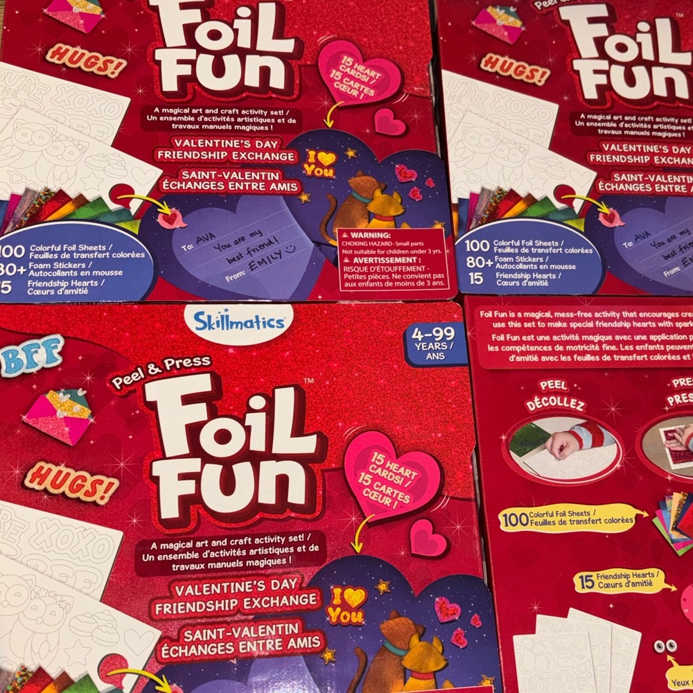 NWT 4 Boxes of  Foil Fun Valentine Kit for kids parties activities peel & press